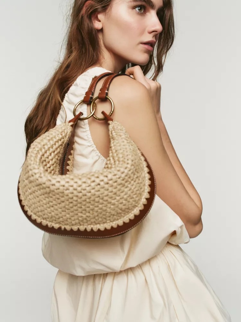 Zara Multi-position bucket bag woven Crescent Shoulder Bag in Beige and Brown